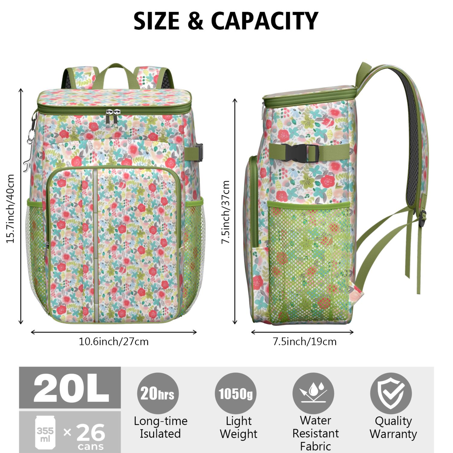 Travel Cooler Bag - Pioneer Flower Floral Print Pattern Camping Beer Cooler Backpack with Bottle Opener- Waterproof Insulated Picnic Backpacks - Cooler Bag for Beach