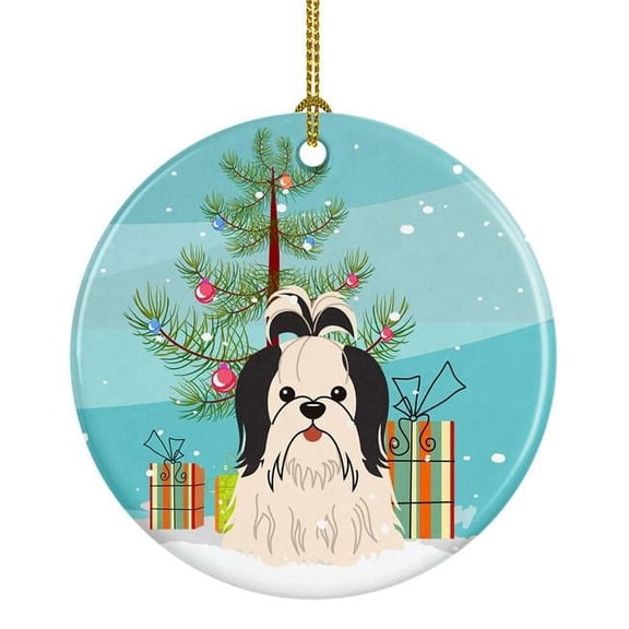 Merry Christmas Tree Shih Tzu Black & White Ceramic Ornament