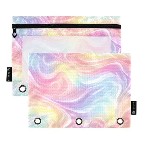 2 Pack 3 Ring Binder Pouch with Clear PVC Window Water Resistant Zipper Pencil Pouch Ethereal Rainbow Swirl Binder Pocket for Classroom Office Home Stationery Organization