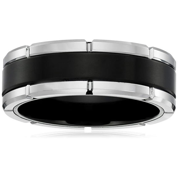 Sapphire Tungsten and Titanium 8mm Etched Design with Black Center Band Comfort Fit Wedding Bands Rings for Men, Size 10