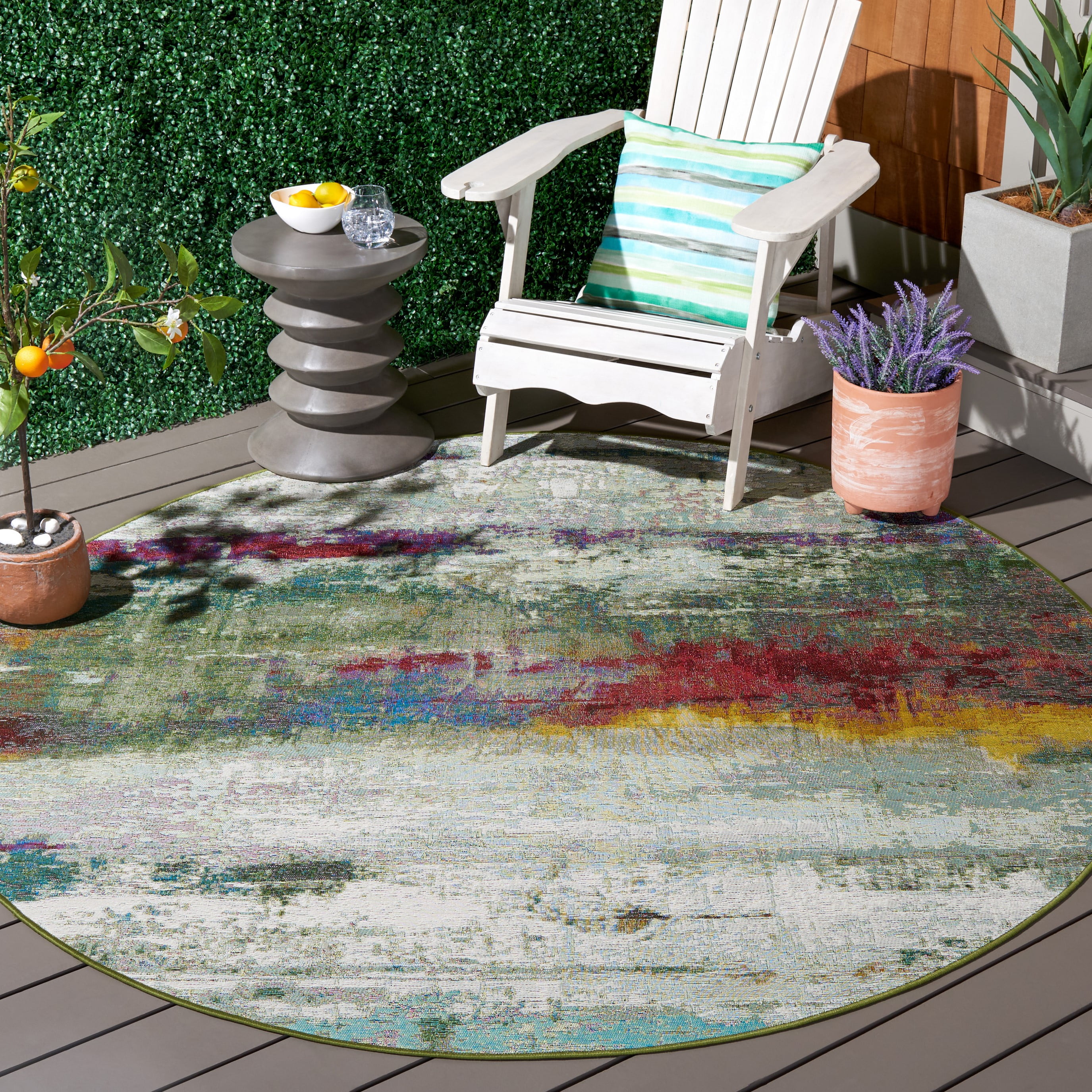 SAFAVIEH Barbados Olivera Abstract Indoor/Outdoor Area Rug, Green/Blue Purple, 6'6" x 6'6" Round