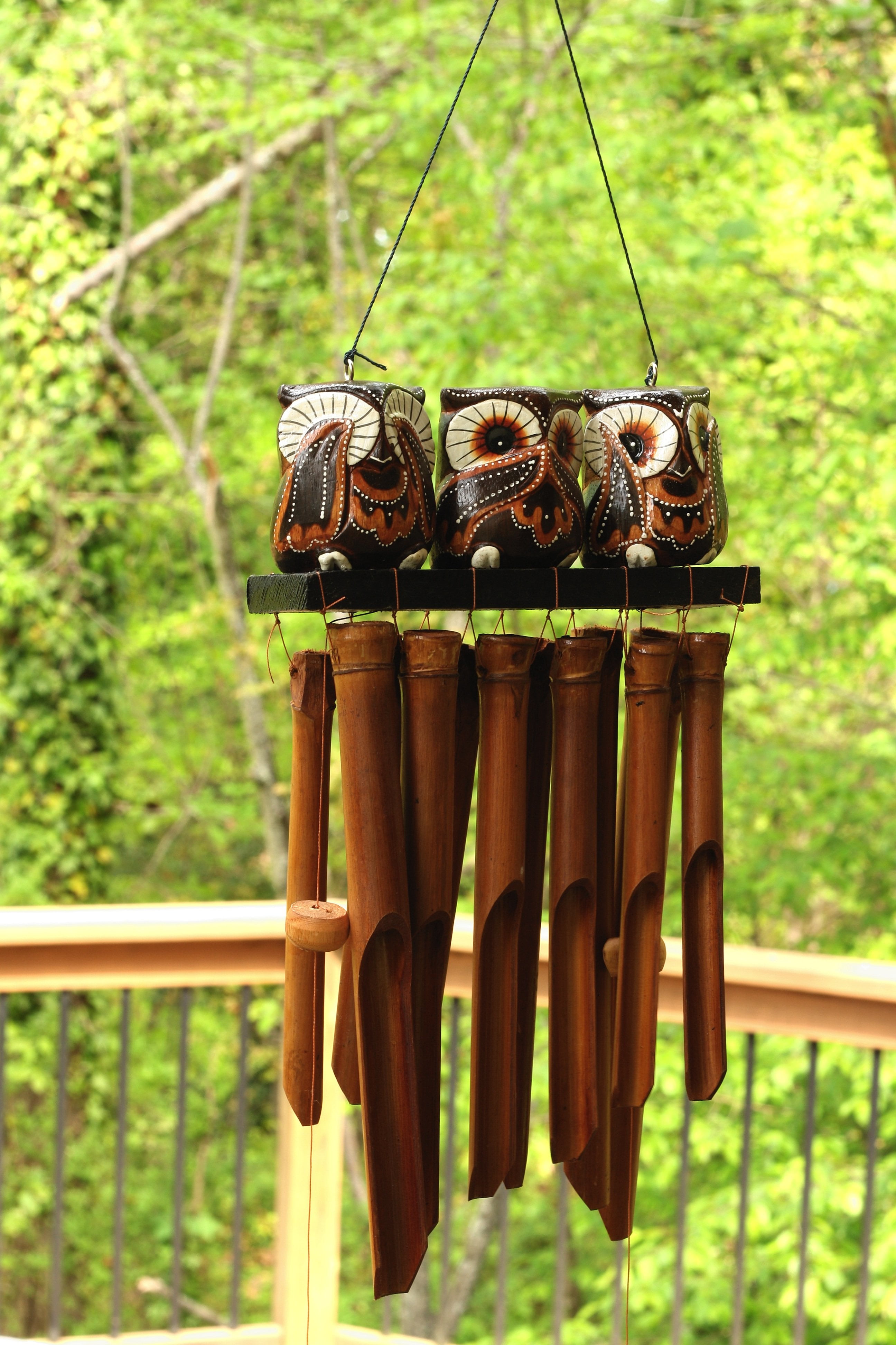 Handmade Wooden See Hear Speak No Evil Owl Bamboo Wind Chime Wood Statue Figurine Hoot Sculpture Patio Garden Outdoor Decor Handcrafted Decoration