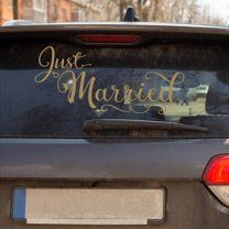 Just Married Vinyl Lettering Wall Decal Sticker (10"H x 22"L, Just Married Vinyl Car Decal Wedding Decoration Quote Lettering Wall Decal or Car Sticker - Size: 10"H x 22"L - Color: Metallic Gold