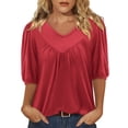 thumbnail image 3 of Fanxing Elbow Length Sleeve Shirts for Women Summer V Neck T Shirt Loose Fit Casual Pleated Tops Red,M, 3 of 8