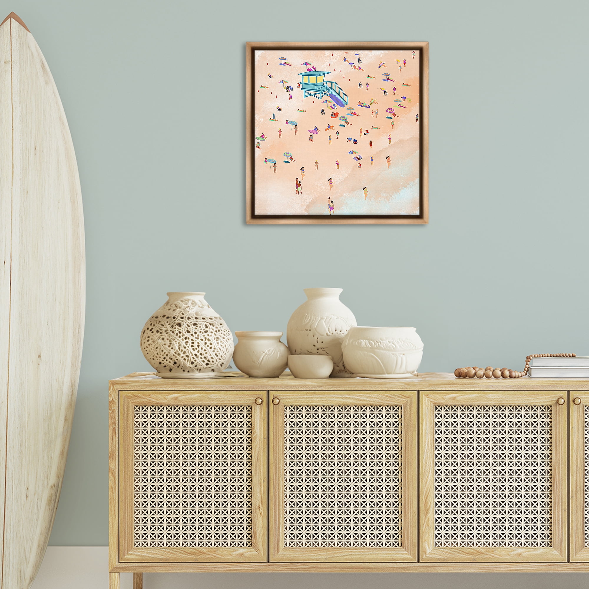 Stupell Industries Scatted Summer Beachgoers People Painting Brown Floater Framed Canvas Art Print Wall Art, 25 x 25