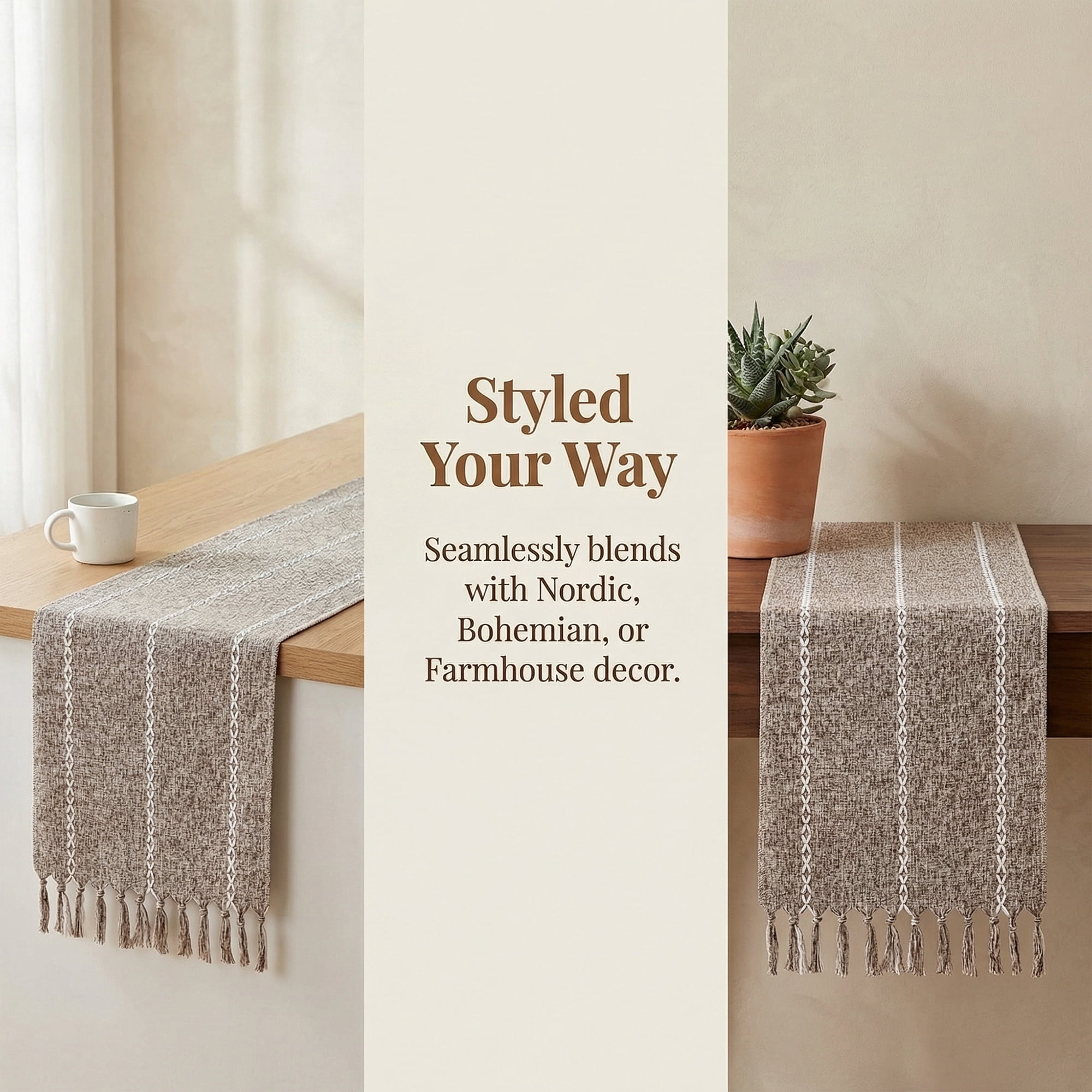 Unique Bargains Washable Polyester Kitchen Runner with Tassel for Dining Brown 13"x72"