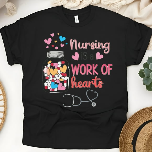 Nursing is a Work of Hearts Graphic T-Shirt for Women, Black, Size 2XL