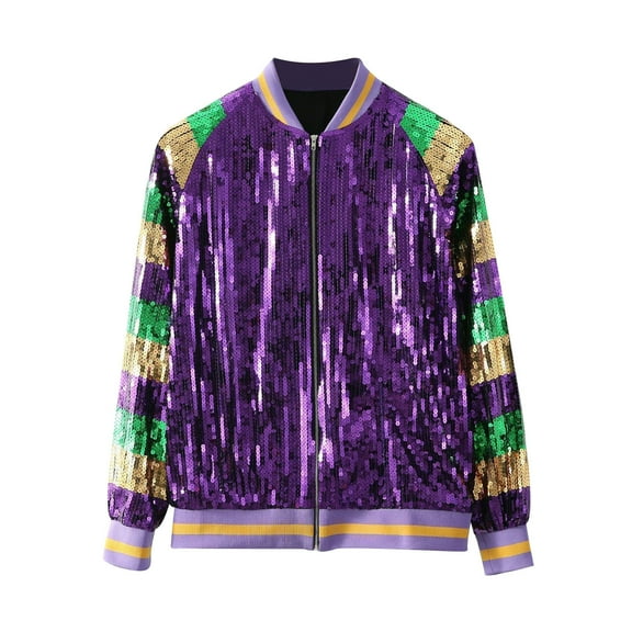 miqiqism Women's Sequin Jacket Fashion Long Sleeve Open Front Blazer Glitter Striped Sparkly Coat Party Casual Cardigan Trendy Round Neck Front Zip Jackets,Purple,Small