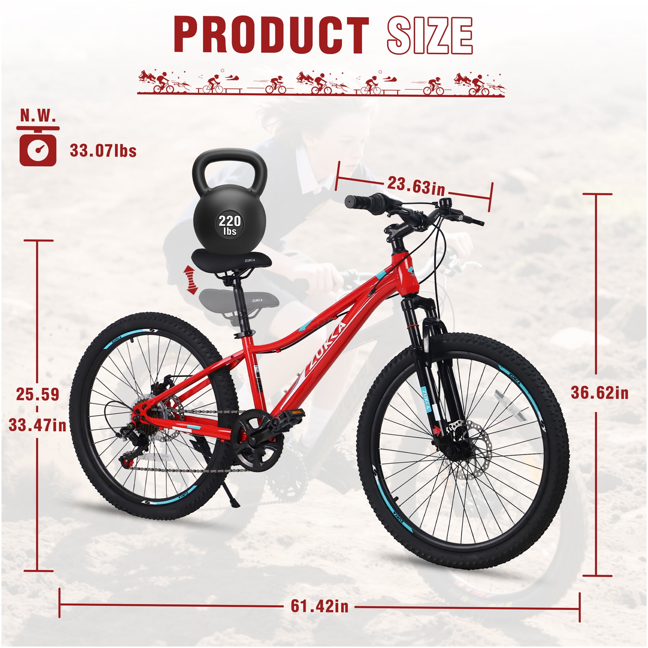 JERFIT 24 inch Kids Mountain Bike with 6-Speed Shimano Gears, Front Suspension Fork & Dual Disc Brakes for Boys and Girls Age 9-12, Red Steel Frame