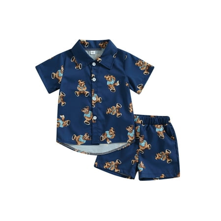 

Toddler Baby Boy Summer Outfit Set Cute Bear Print Short Sleeve Button Down Shirt Tops Shorts Clothes Blue 18-24 Months