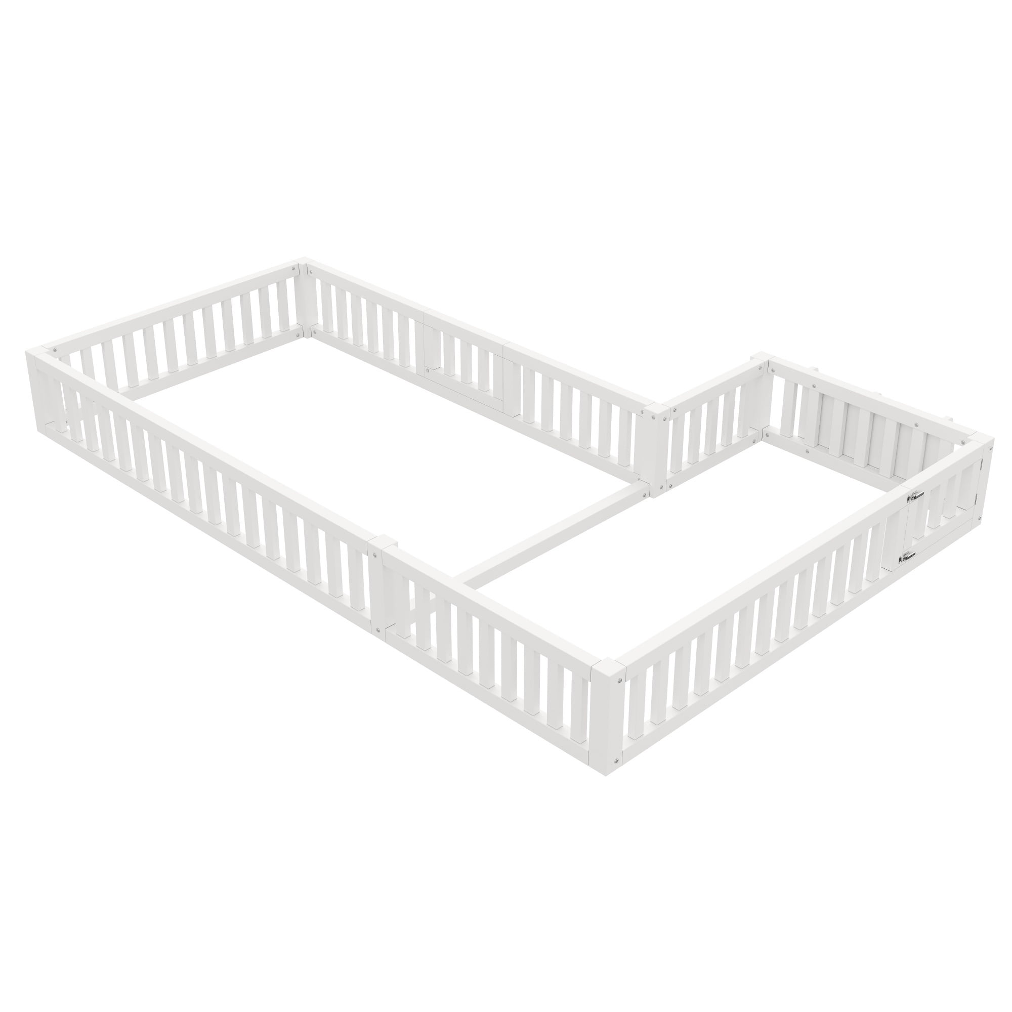 Euroco Twin and Full Size L-Shaped Platform Bed, Floor Bed with Full Guardrails and Storage, White