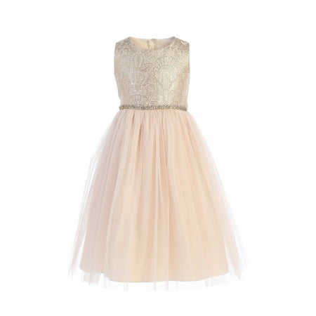 Sweet Kids Little Girls Champagne Brocade Crystal Tulle Christmas Dress