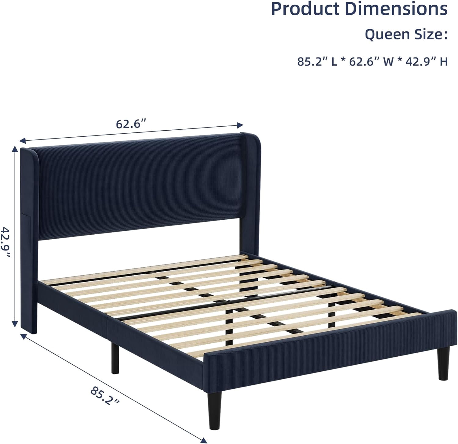 Senfot Queen Size Bed Frame,Upholstered Platform Bed with Wingback Headboard,Velvet Upholstered Bed Frame with 2 Storage Pocket,Strong Wooden Slat Support,Box Spring Optional,Easy Assembly,Light Gray