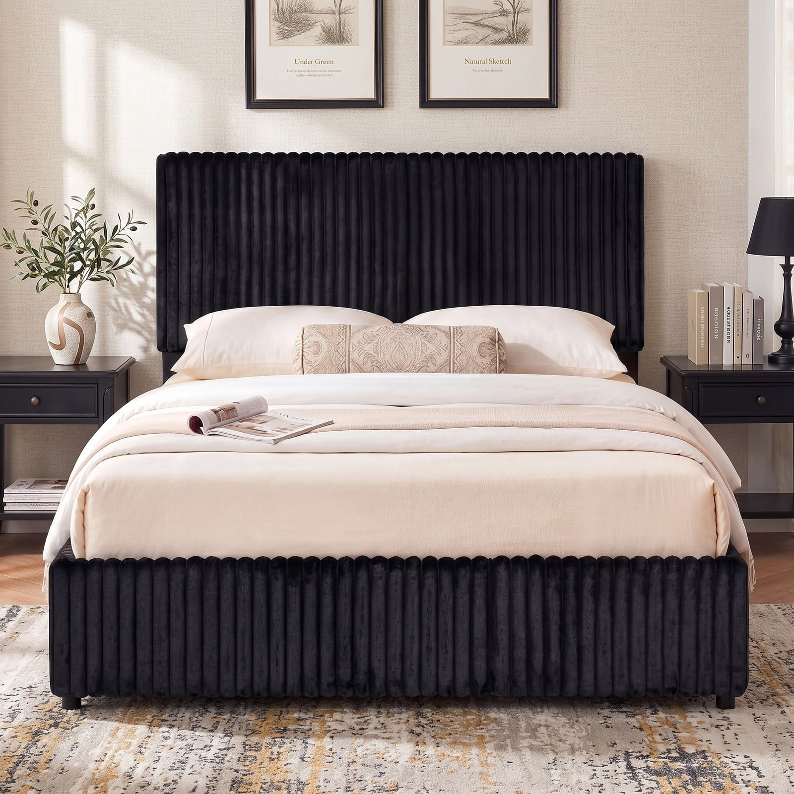 Furnibear Queen Size Lift Up Storage Bed Frame with Channel Tufted Upholstered Headboard, Platform Bed with Wooden Slat Support for Bedroom, Black