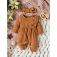 thumbnail image 2 of Wassery Infant Girl Jumpsuits Solid Color Ruffles Buttons Crew Neck Long Sleeve Rompers Newborn Bodysuits with Headband Baby Fall Cute Playsuits 0-6 M, 2 of 7