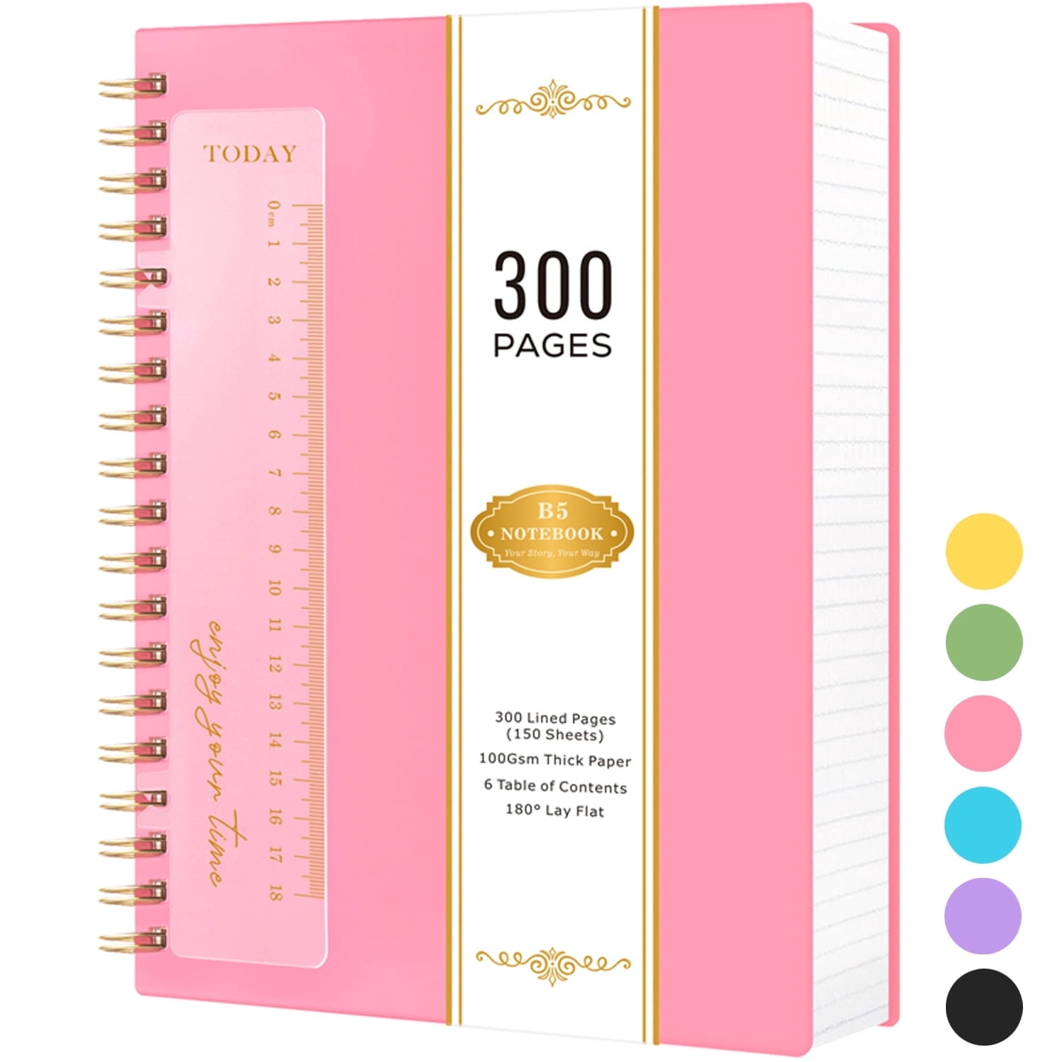 NIRMIRO B5 Spiral Notebook, 7.5"x10" College Ruled Journal with Ruler & Waterproof PVC Cover, 300 Pages 100GSM Thick Paper for Writing, School, Office & Note Taking