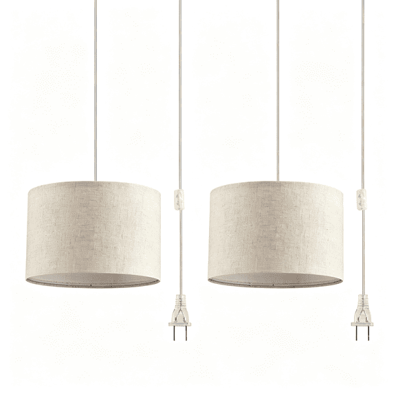 HIBIBUD 2 Pack Plug in Pendant Light, Hanging Light with 15Ft Clear Cord, On\/Off Switch, Beige Linen Fabric Lamp Shade, Hanging Light Fixture for Bedroom, Kitchen, Living Room, Dining Table