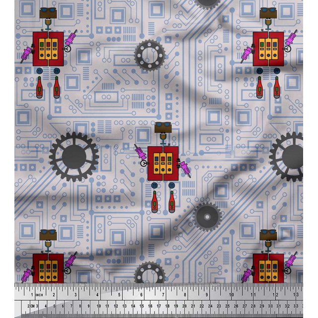 Soimoi Grey Rayon Fabric Cartoon Machine & Gear Parts Hardware Print Fabric by Yard 42 Inch Wide