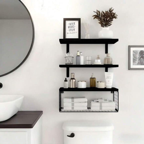 WFPXAMLZZMD Bathroom Shelves over Toilet - Wall Mounted Floating Shelves Toilet Paper Storage Small Farmhouse Decor Shelf 16 Inch Set of 3, Black