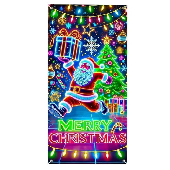 Christmas Door Cover, Fluorescent Glowing Santa Snowman Door Banner for Indoor Outdoor Holiday Party Decorations, Light-Up Night Scene Christmas Door Wrap for Home Front Porch Decor