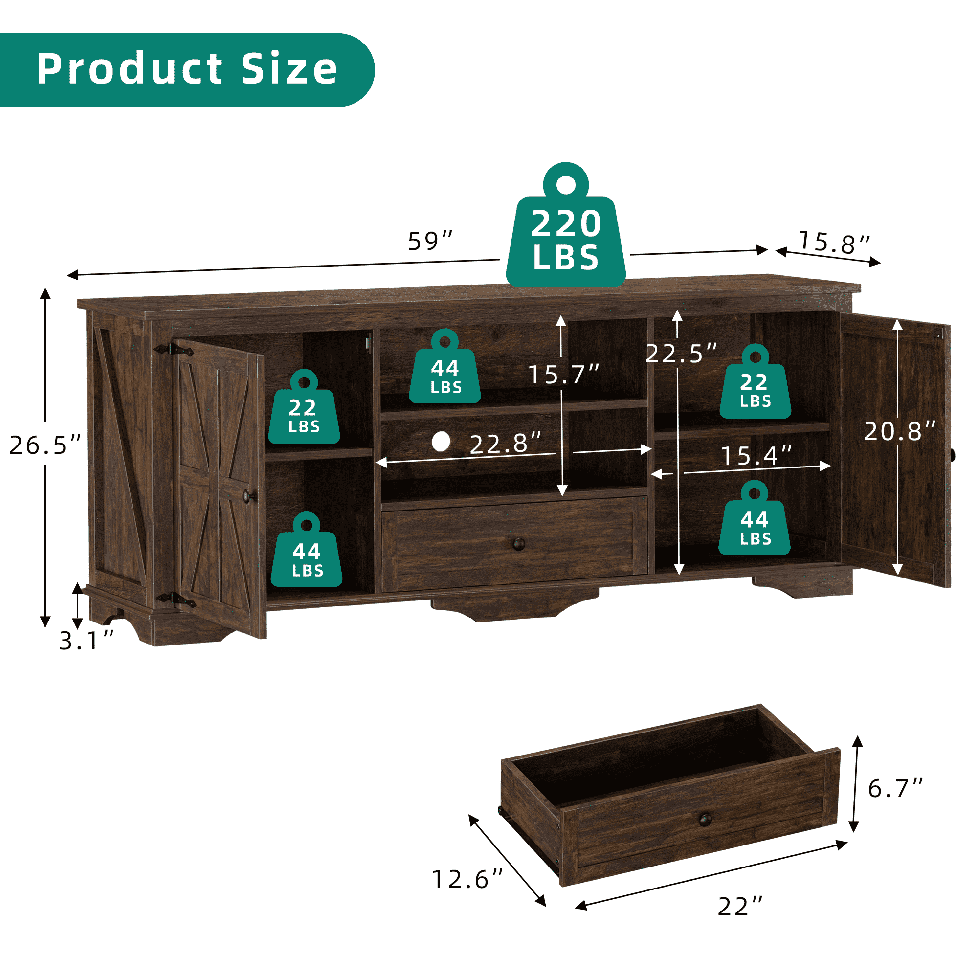Laintene TV Stands for 65" TV, Entertainment Center with Barn Door, Adjustable Shelves & Storage Cabinets, Solid Wood Media Farmhouse TV Console for Living Room, Brown