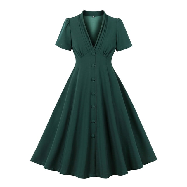 QIPOPIQ Robes de Fête pour Femmes Manches Courtes Rétro Col en V Nœud Papillon Bouton Robe d'Été Ceinture Ourlet de Jupe Grand Robe Offres 2023