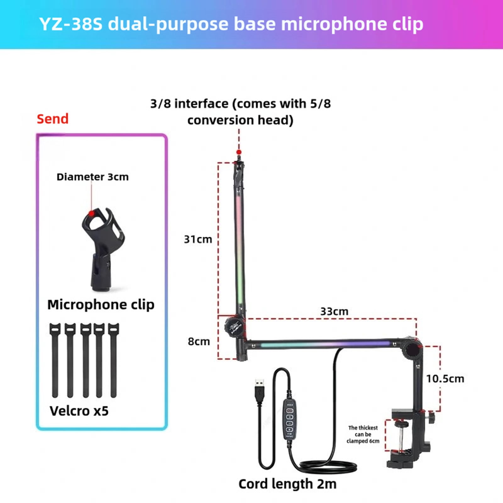 Microphone Boom Arm with Light Multi Directional Adjustable Desktop Mic Stand Heavy Duty Microphone Stand