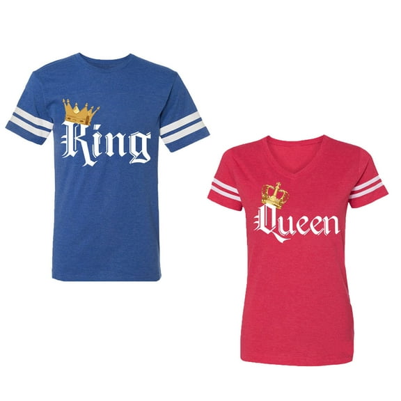King & Queen Color Unisex Couple Matching Cotton Jersey style T-Shirt Contrasting stripes on sleeves (Men Royal / Women Red) (Men M / Women S)