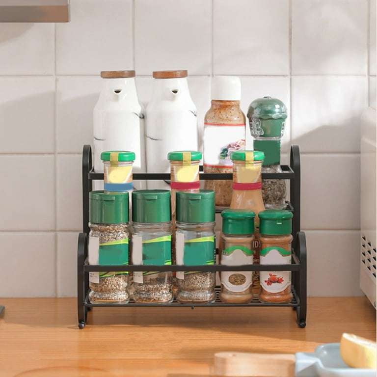 Waroomhouse Storage Rack Double Layer Space-Saving Arc Shape Handle Kitchen Spice Seasoning Jar Rack Countertop Organizer Daily Use, Size: 27, Green