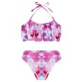 thumbnail image 3 of TiaoBug Girls 2 Pcs Mermaid Bikini Sets Shiny Halter Ruffles Crop Top with Triangle Brief Bathing Suit Tankini Hot Pink B 150, 3 of 5