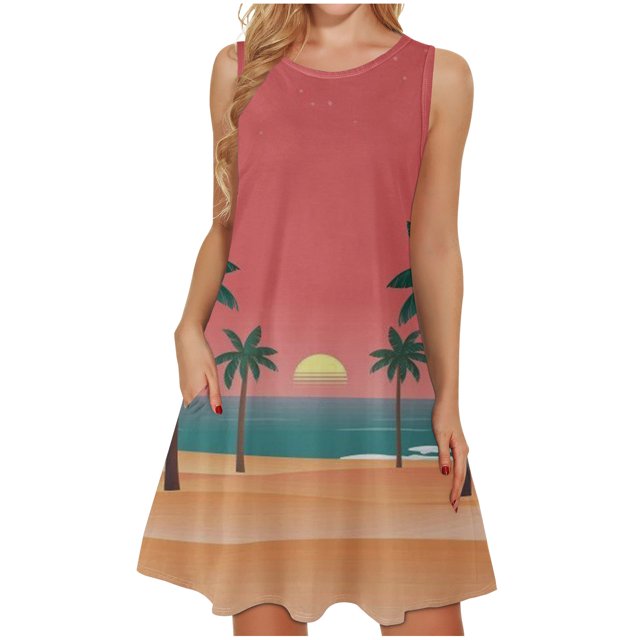 Mujeres verano casual sin mangas cuello redondo gradiente impreso bolsillo manga vestidos vestido suelto OAVQHLG3B Store lin121212