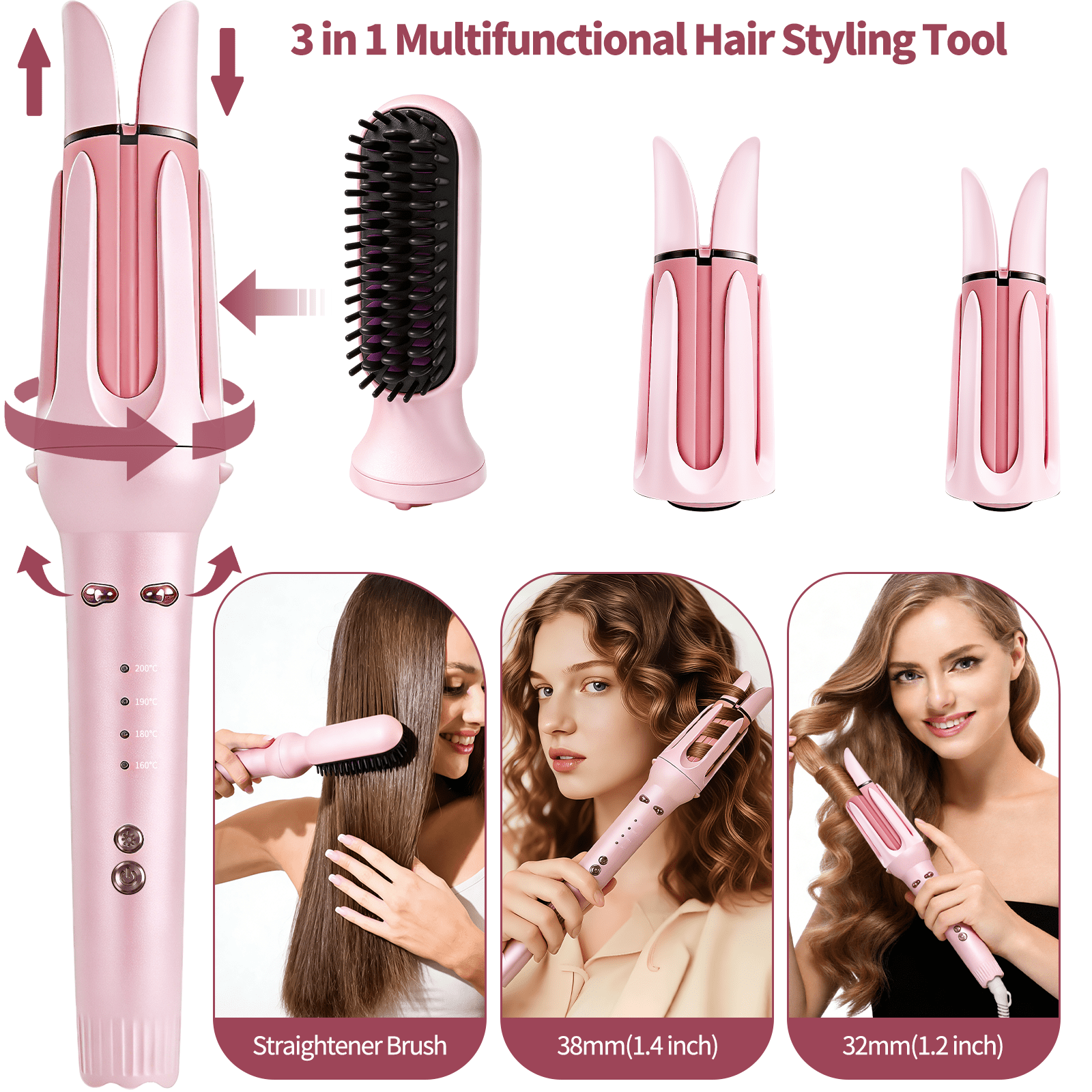 3-in-1 Auto Rotating Curling Iron with 32mm & 38mm Barrels, Waver & Straightener Brush, Anti-Scald Hair Styler Pink