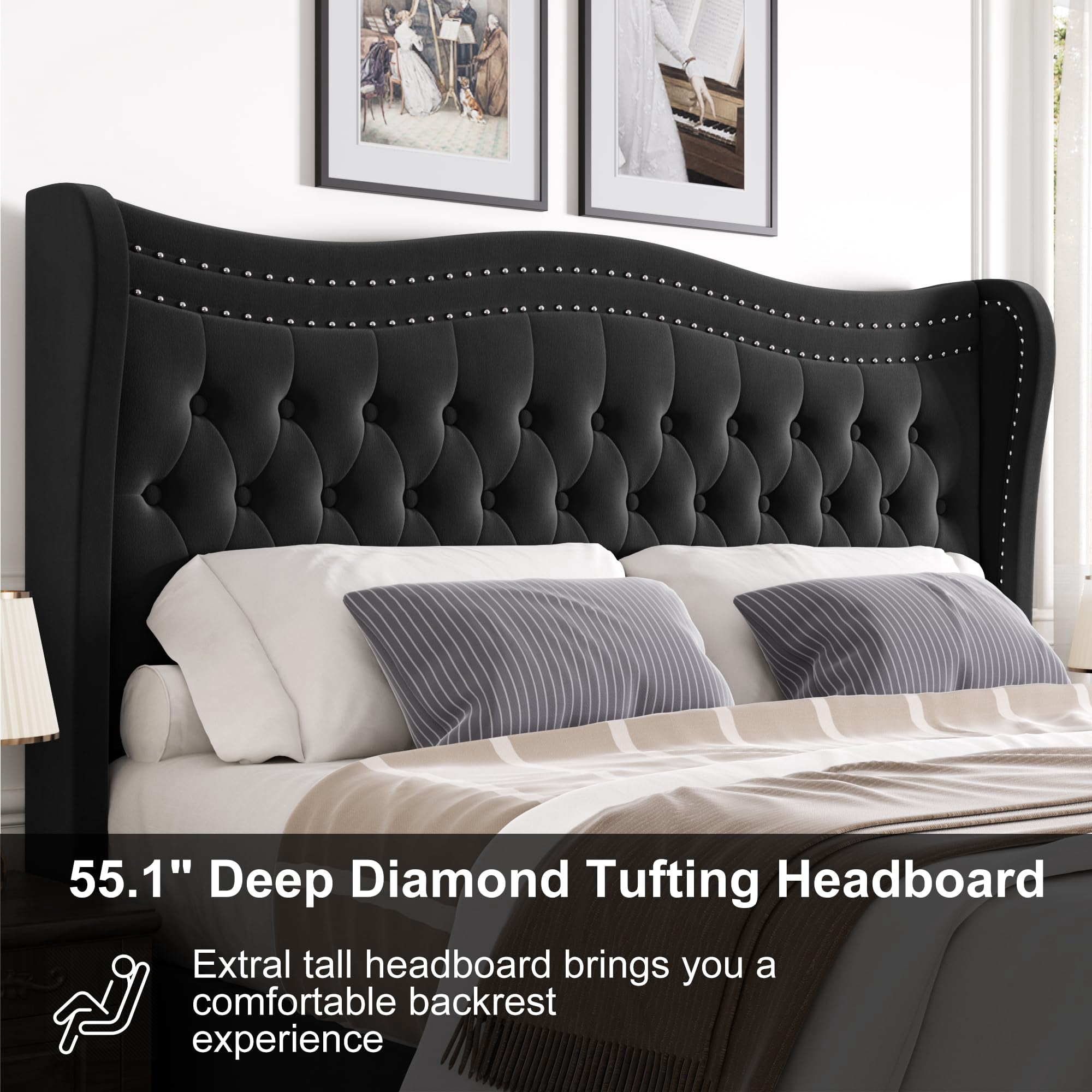 Miniyam Full Size Wingback Bed with 52" Velvet Upholstered Headboard, Nailhead Trim, Sturdy Wood Slats for Adults, Black
