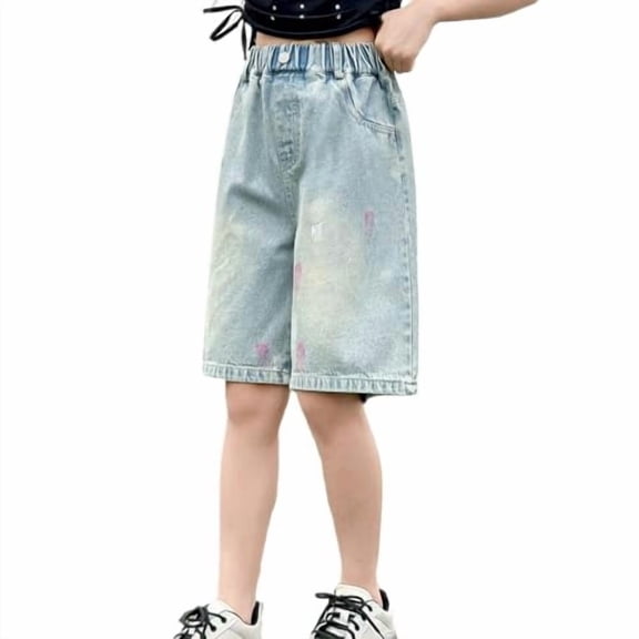 ZHANGDER Kids Denim Shorts Cute Trendy Fashion High Waist Straight Leg Clothes Jorts Drawstring Shorty Shorts for Teen Girls, Blue 6-7 Years