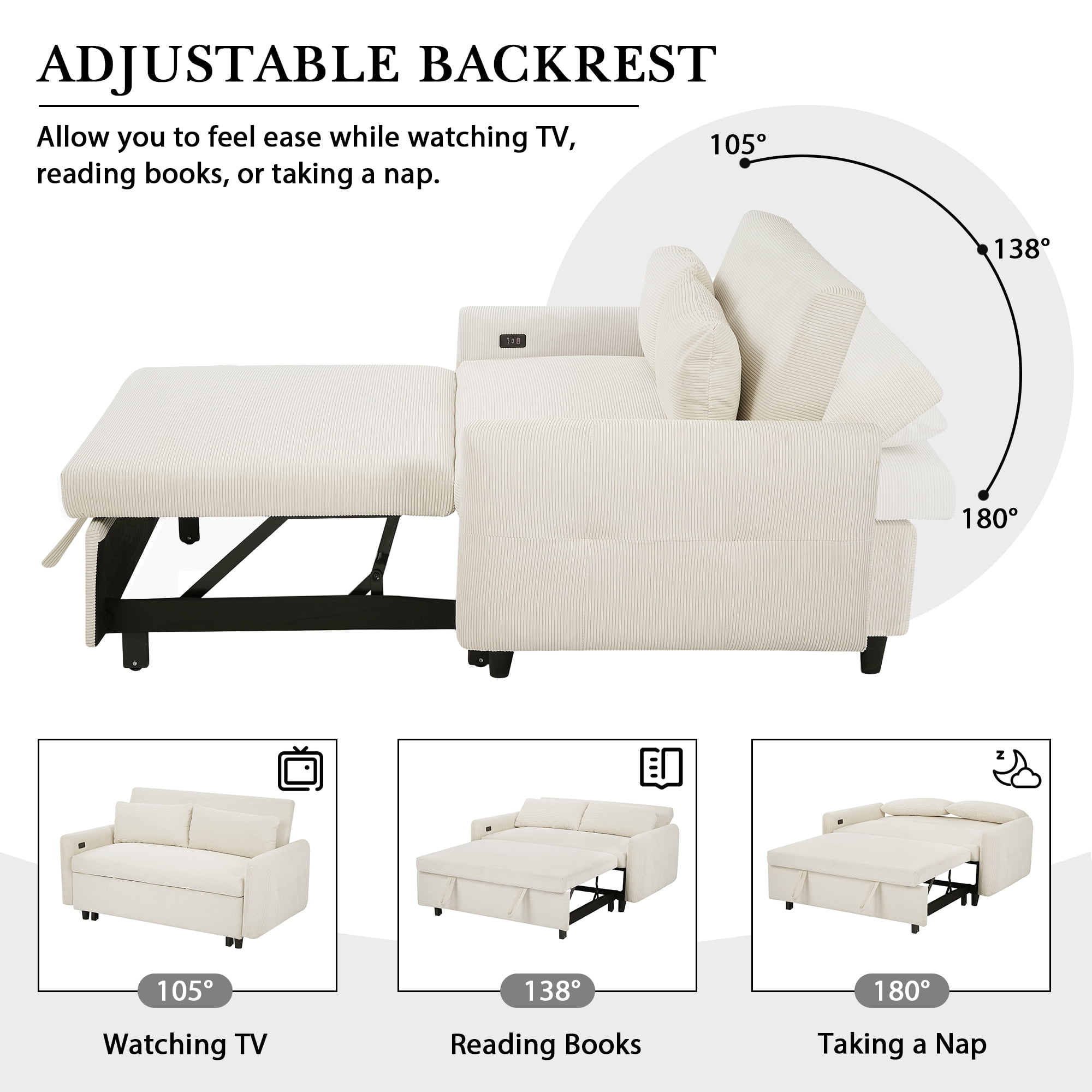 Pull-out Sofa Bed Convertible Couch 2 Seat Loveseat Sofa Modern Sleeper Sofa with Two Throw Pillows and USB Ports for Living Room