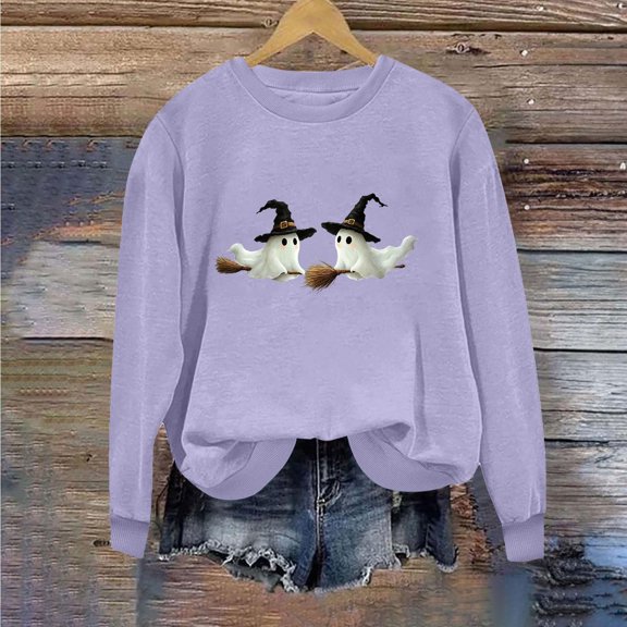 Trikvn Women's Funny Halloween Sweaters Crewneck Long Sleeve Pullover Tops Witch Hat Ghost Riding Broom Graphic Shirts Fall Casual Festive Cozy Holiday Apparel