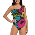 thumbnail image 2 of Picia Hawaii Palms Pattern Women's One Piece Swimsuits,One Shoulder Swimwear Asymmetric ,Ruffle Monokinis Bathing Suits,High Waisted Flattering Bathing Suits-Small, 2 of 8