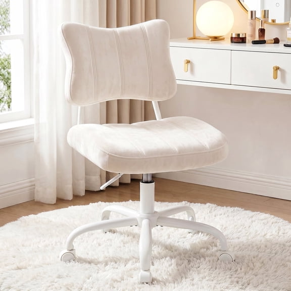 Romorgniz Vanity Chair with Bow Backrest Small Armless Office Chair with Wheels, Adjustable Height, Velvet, Beige