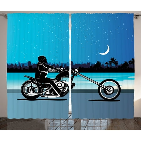 Navy Blue Curtains 2 Panels Set, Art with Chopper Motorcycle Biker Riding Under Starry Night Sky Cityscape Silhouette , Living Room Bedroom Decor, Black Navy, by