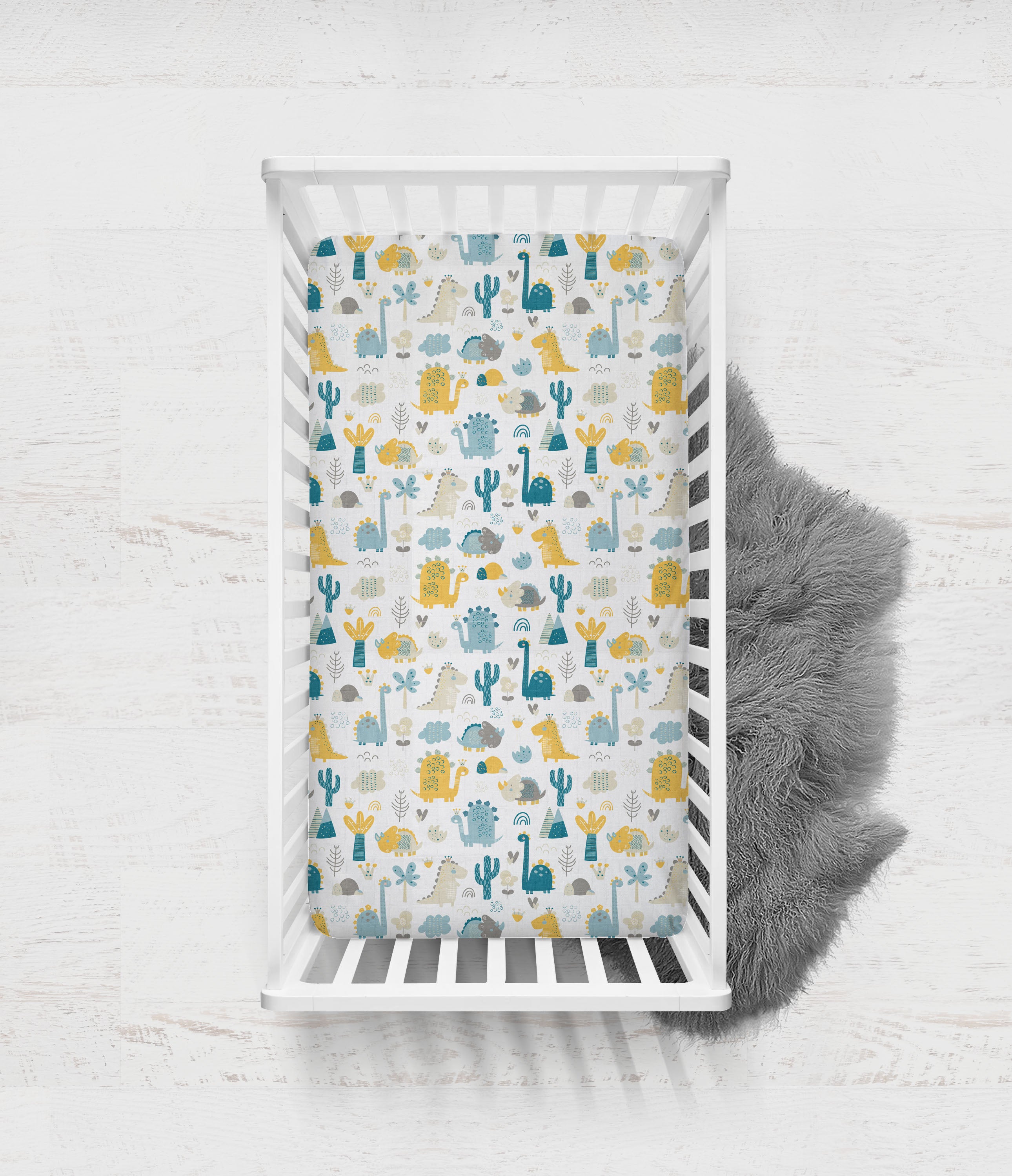 Bacati - Boys Little Dino Teal Aqua Yellow Muslin Crib or Toddler Bed Fitted Sheet