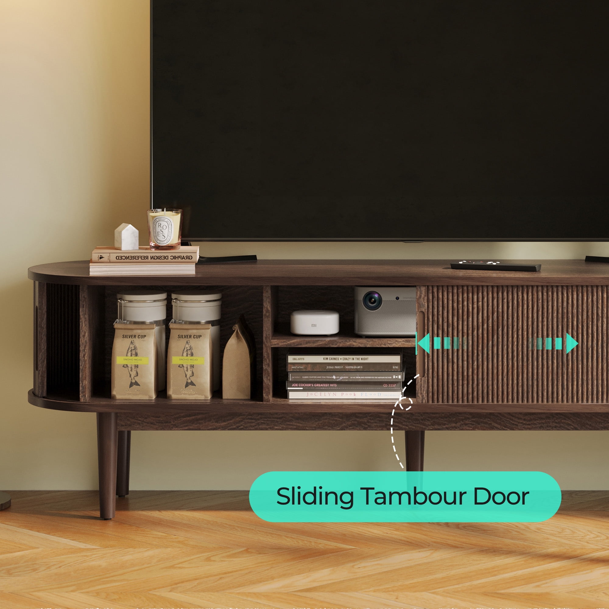 LINSY HOME Fluted TV Stand for TVs up to 65", Mid-Century Home Entertainment Center with Sliding Tambour Door and Adjustable Shelves, Walnut