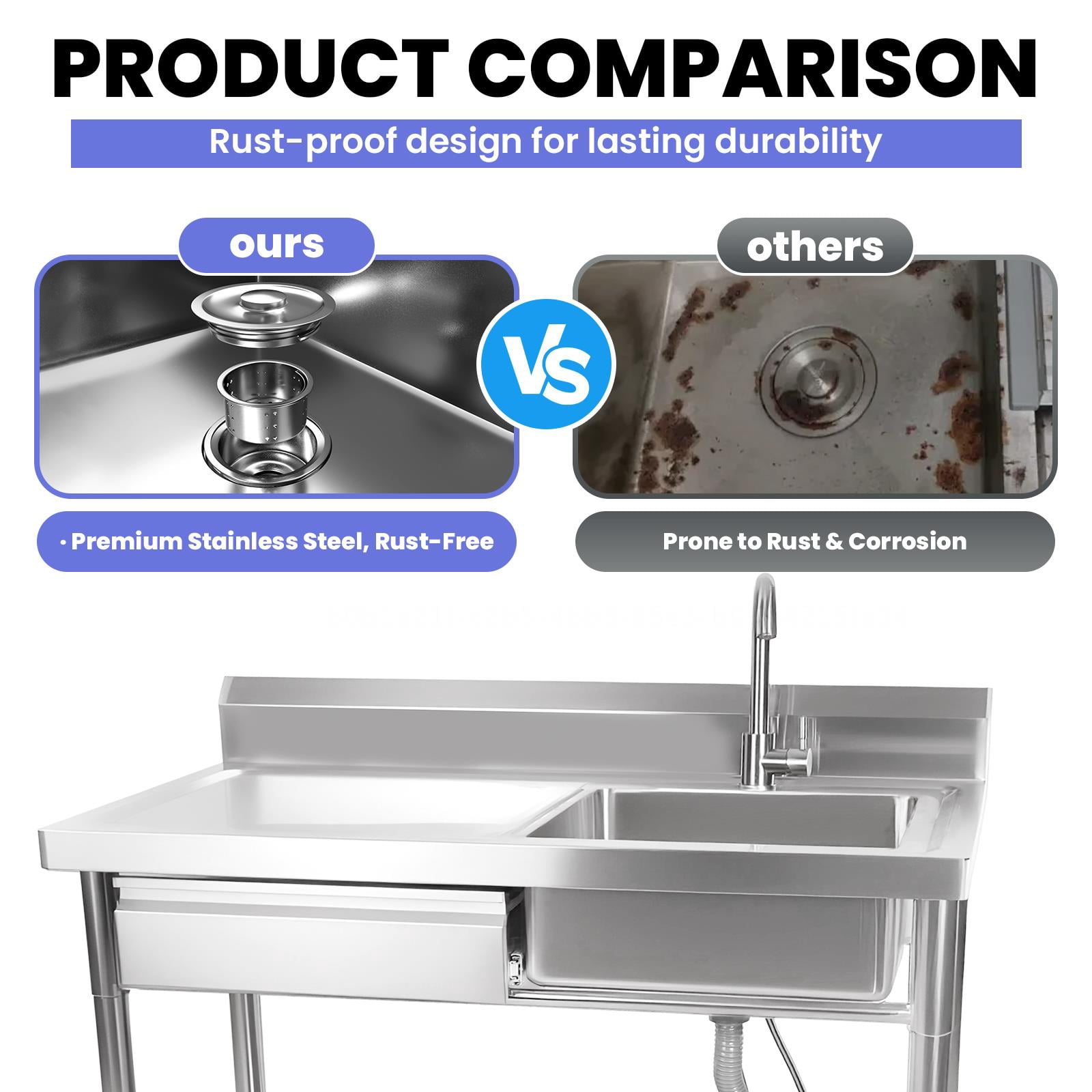Drawer Stainless Steel Commercial Sink,Free Standing Utility Sink With Single Bowl And Pull-Out Faucet,Durable 201 Stainless Steel Construction,Stainless Steel Utility Sink For Restaurant Or Bar
