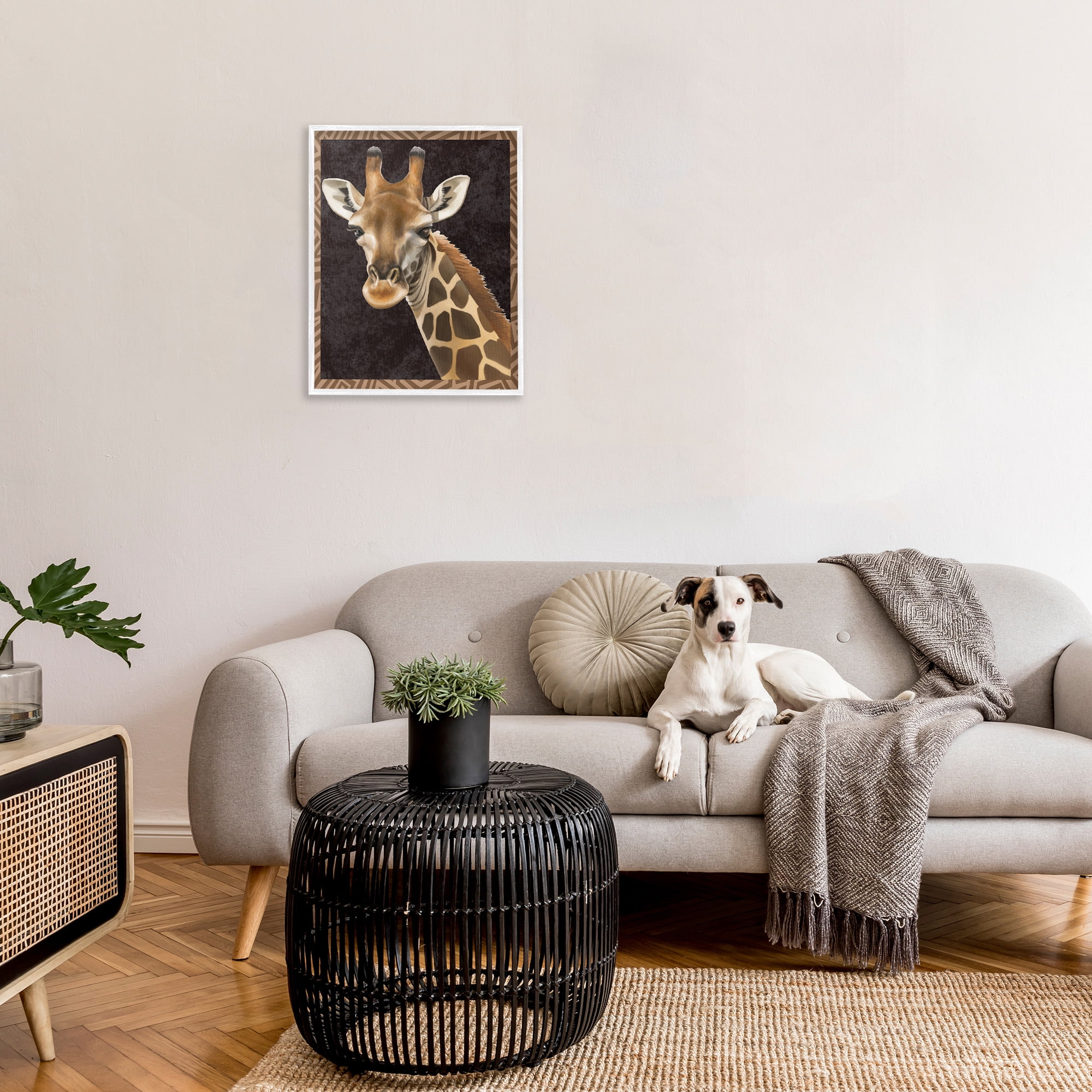 Stupell Industries Giraffe with Geometric Border Animals & Insects Painting White Framed Art Print Wall Art, 24 x 30
