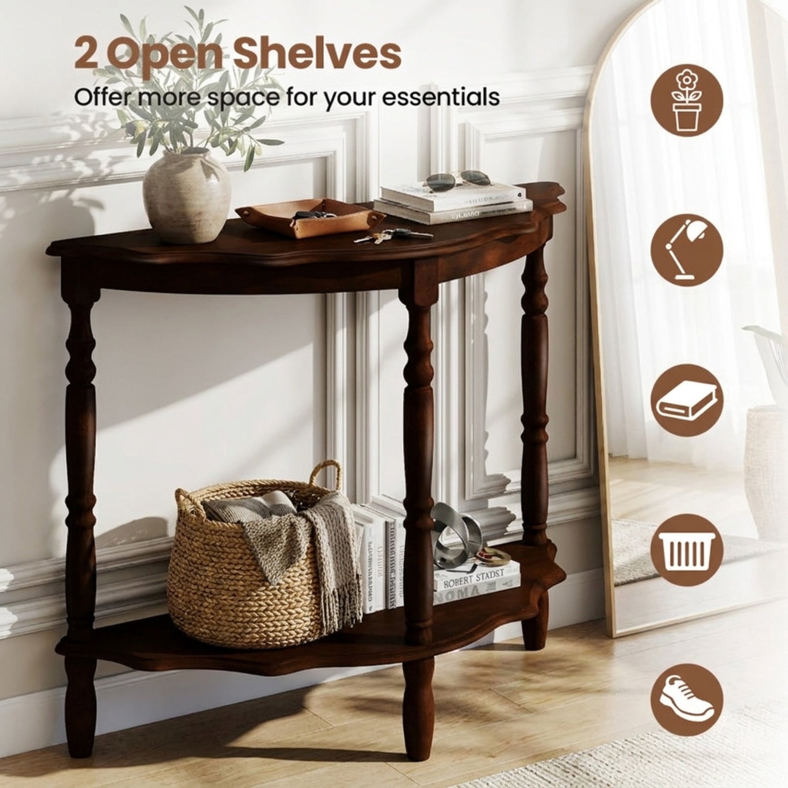Furnibear 42 Inch Half Moon Console Table with Open Shelf and Solid Rubber Wood Legs for Entryway Hallway and Living Room, Espresso