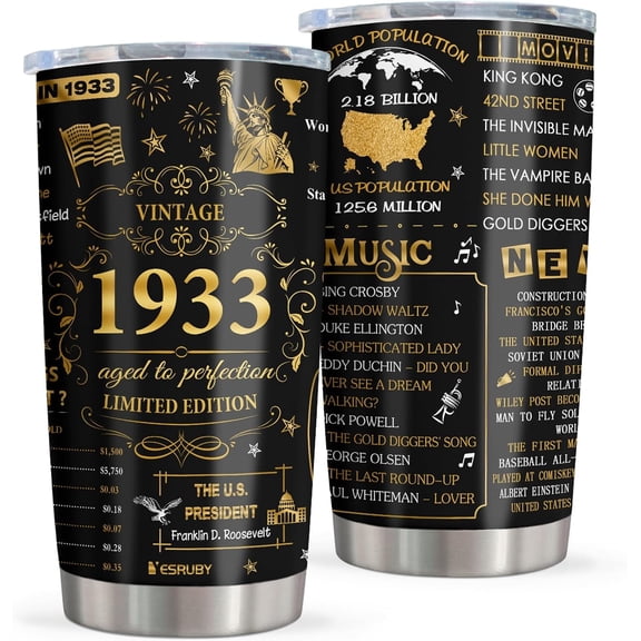 90th Birthday Gifts For Women/Men, Back In 1933 Tumbler 20OZ, 1933 Birthday Gifts, 90 Year Old Birthday Gifts For Women/Men, 90th Birthday Decorations For Women Men, 90s Gift Travel Cup (1PC)