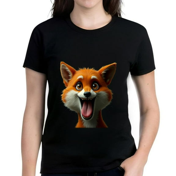Playful Orange Fox Graphic Cotton Short Sleeve T-Shirt for Women - Cheerful Animal Design on Dark Background