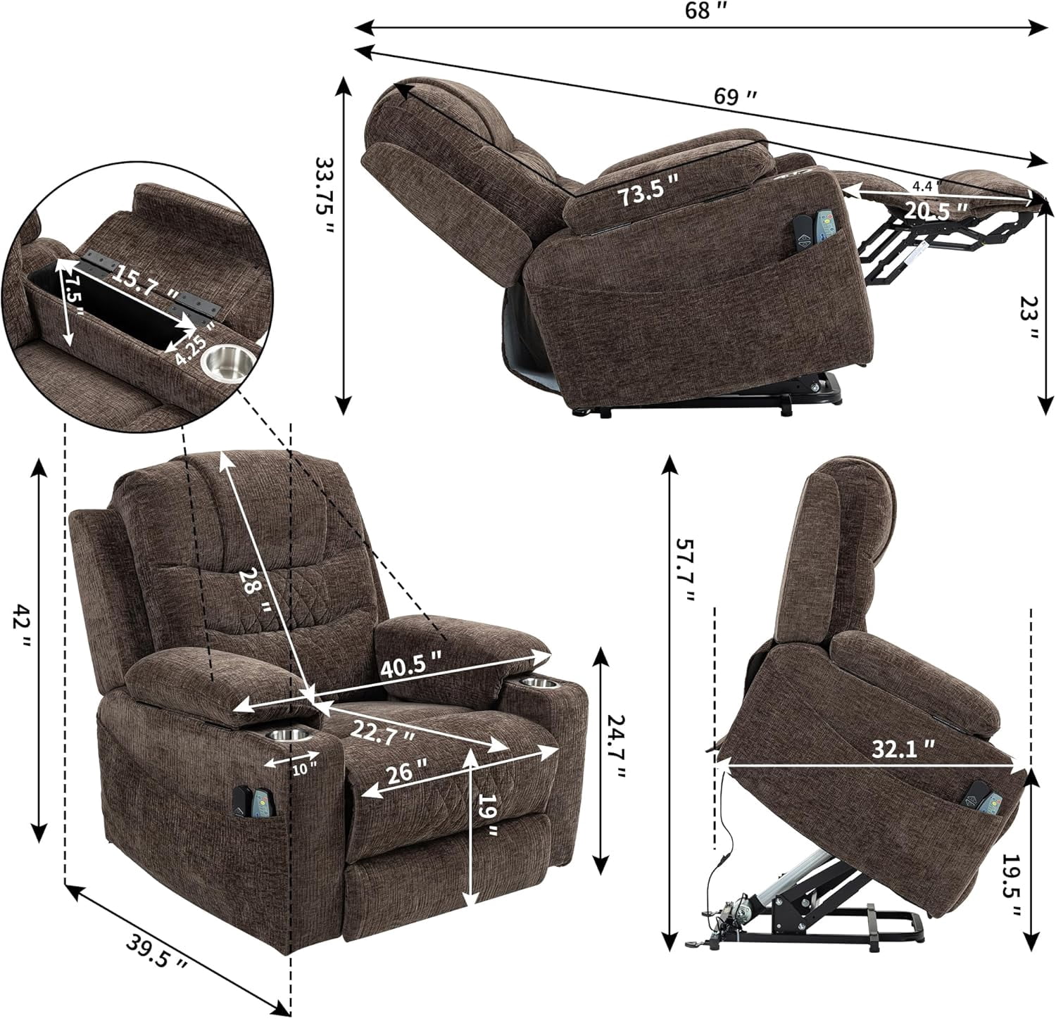 Lift Chair with Heat and Massage, Zero Gravity Lay Flat Recliner with Cup Holders & Adjustable Seat for Adults Living Room Lounge Recliners on Clearance