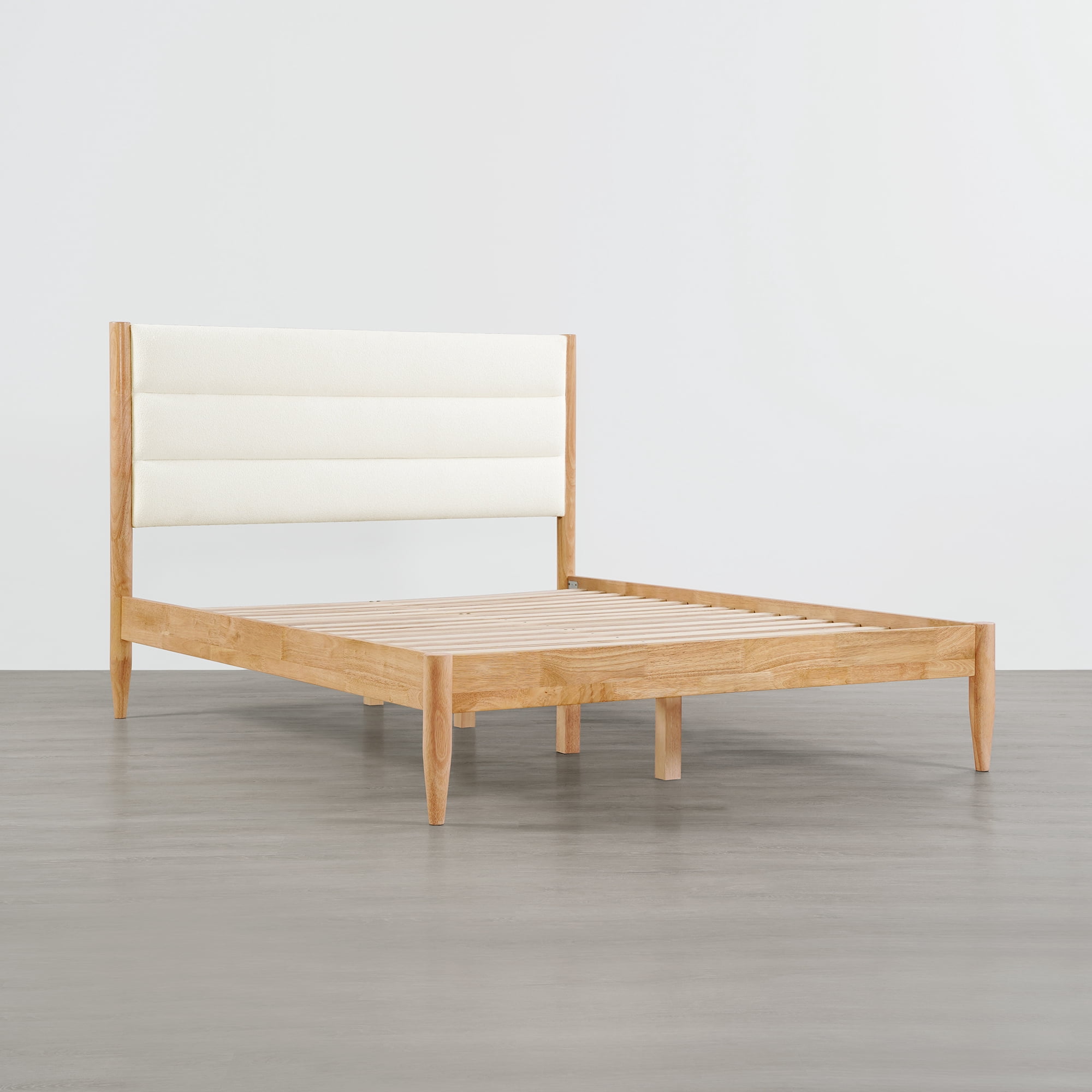 Spruce & Spring Farmhouse Upholstered Platform Bed Frame with Solid Wood Legs, Boucle Fabric Headboard, Wood Slat Support, Queen, Natural & Cream
