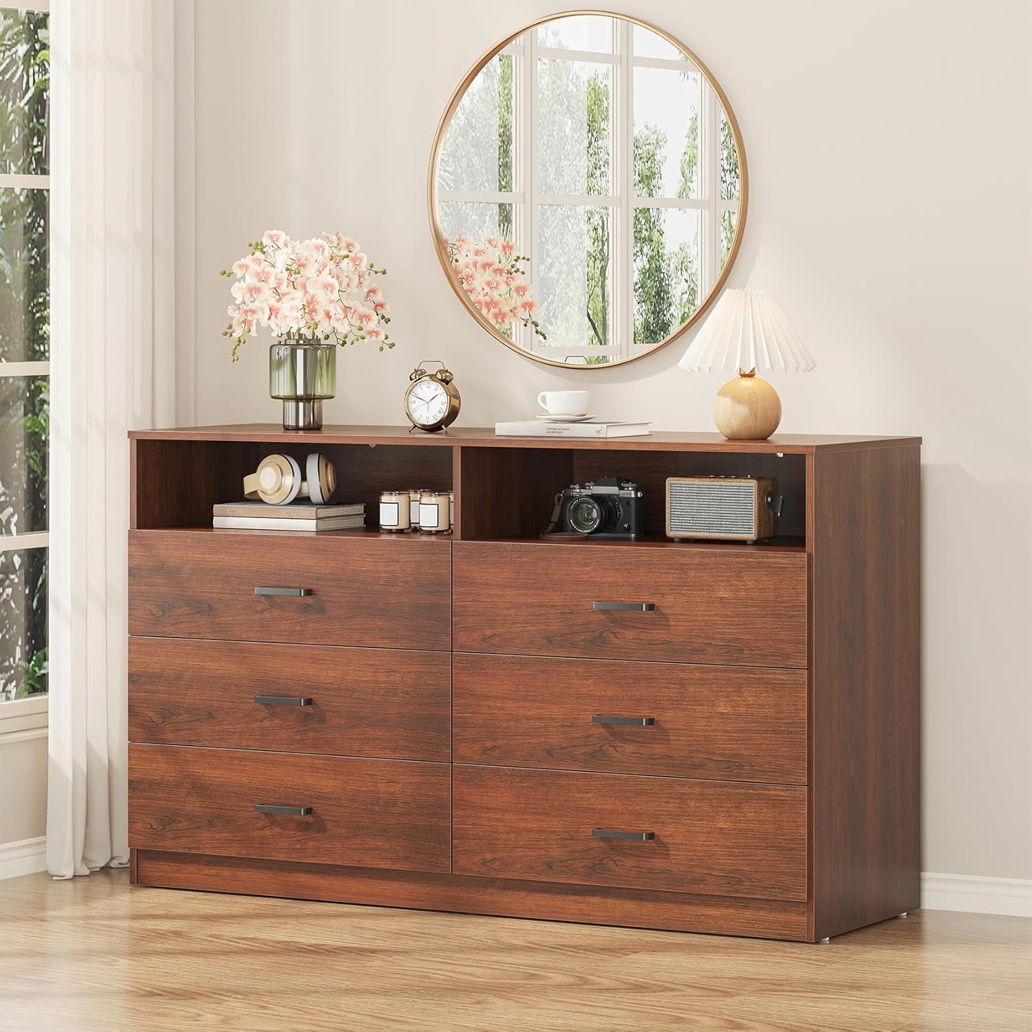 Frmobepts Wood Dresser for Bedroom, 6 Drawer Dresser with Open Storage Cubby,Brown