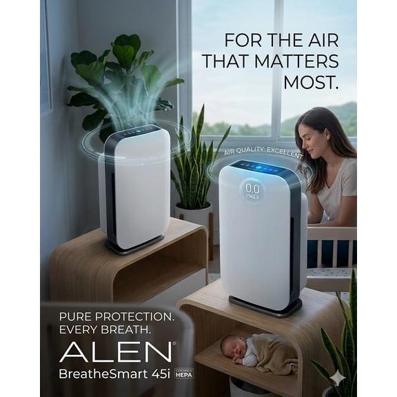 Alen BreatheSmart 45i True HEPA Air Purifier for Large Rooms up to 1900 sq ft, White, Includes 2 Filters
